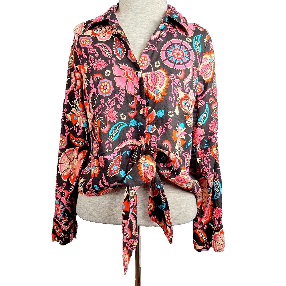 Rachel Roy LG Vibrant Paisley Floral Print On Black Tie Front Linen Blend Top